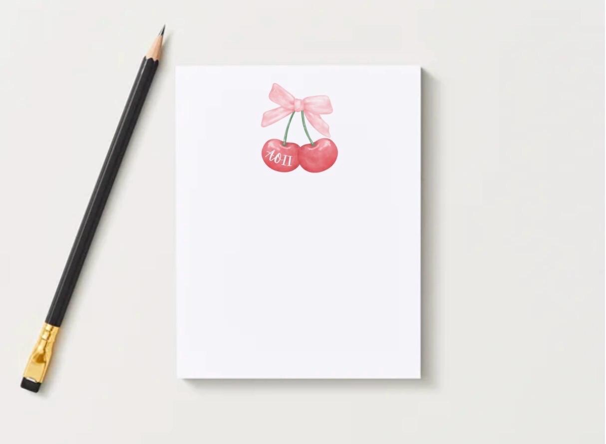 Alpha Omicron Pi Cherry Notepad | AOII Sorority Stationery, Big Little Gift