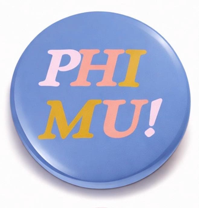 Phi Mu Gameday Button, Sorority Collegiate Tailgate Accessory, Metal Pin-Back