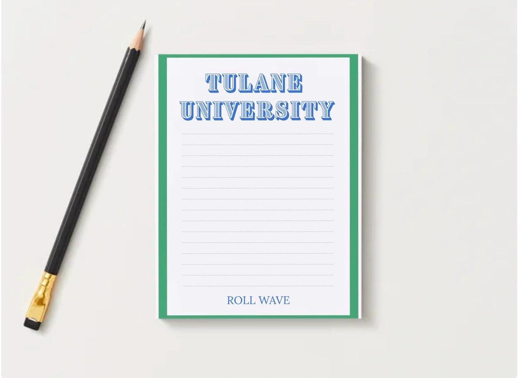 Tulane University Inspired Notepad Collegiate Green Wave Stationery, Dorm Desk Accessory