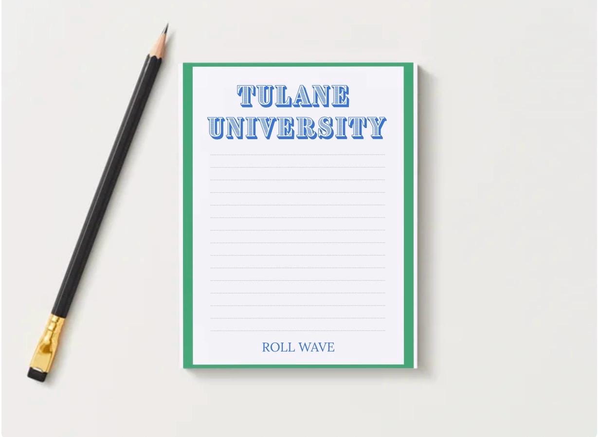 Tulane University Inspired Notepad Collegiate Green Wave Stationery, Dorm Desk Accessory
